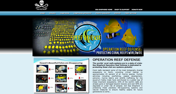 Home page of new Sea Shepherd initiative being called "Reef Defense."