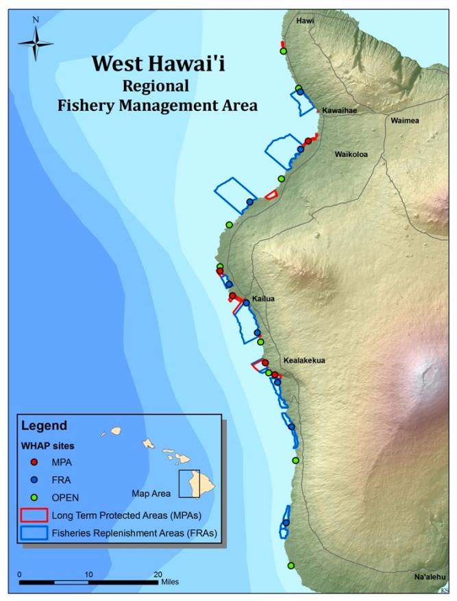 West Hawaii is the State's largest aquarium fishery and includes a network Marine Protected Areas (MPAs) and Fish Replenishment Areas (FRAs) off limits to aquarium fishing. The dots represent West Hawaii Aquarium Project survey sites. Credit: Walsh (2014)