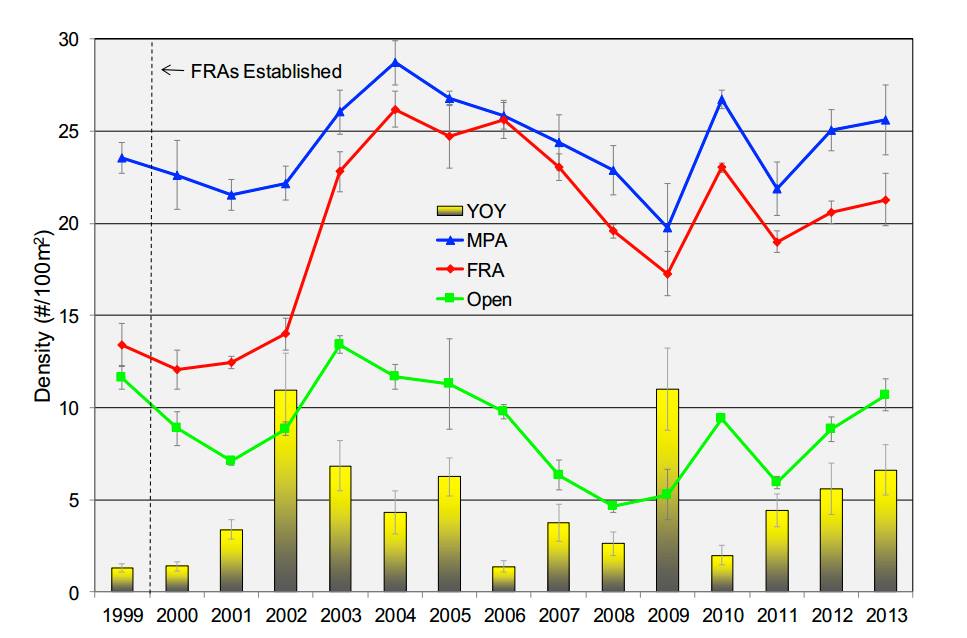 "Overall changes in yellow tang abundance (Mean ± SE) in FRAs, MPAs and Open areas, 1999-2013. Yellow vertical bars indicate mean density (May -Nov) of Yellow Tang Young-of-Year (YOY). YOY are not included in trend line data". Source: Walsh (2014)