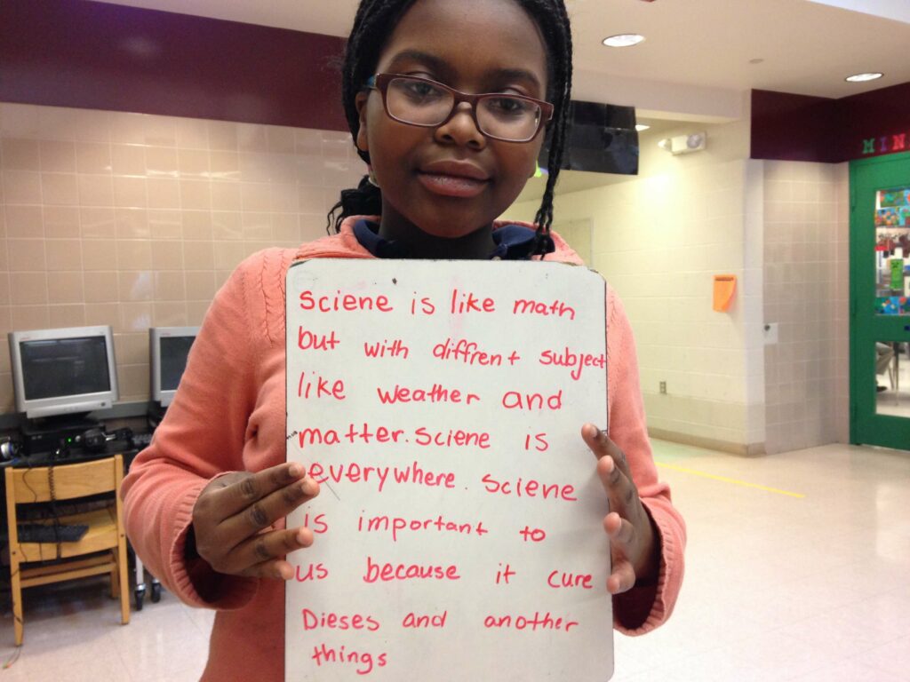 A fifth-grader from Stratton Elementary School is asked to define science. Weather and matter are two 'stand-alone' science units taught in 3rd and 4th grades that are content-orientated.