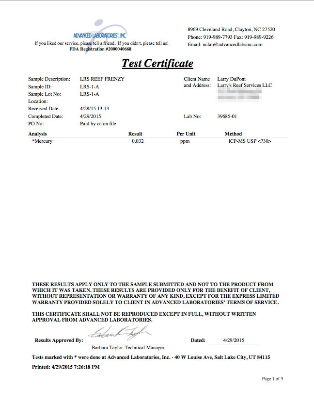 LRS Hg Results Certificate_redacted CORAL Magazine