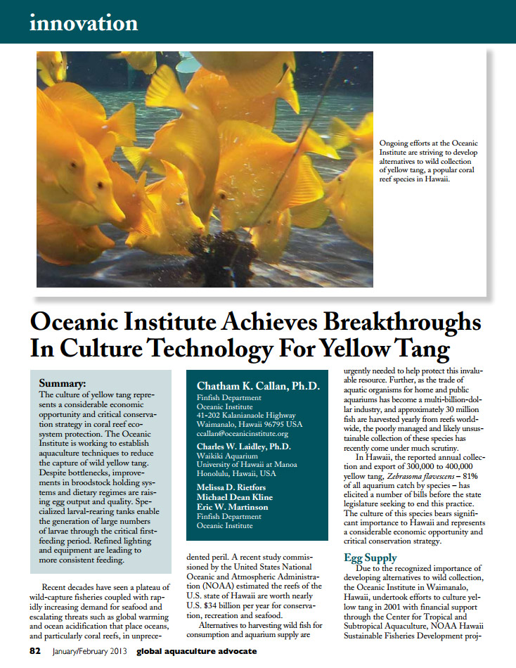 Opening page of Ocean Institute's earlier 2013 update on culturing Yellow Tangs.