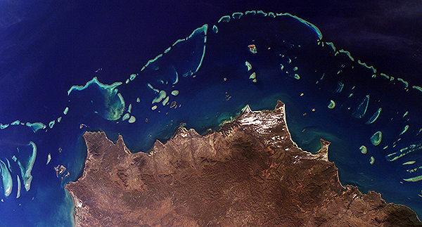 Section of Australia's Great Barrier Reef, one of many reefs that CORAL will study beginning this year. Credits: NASA