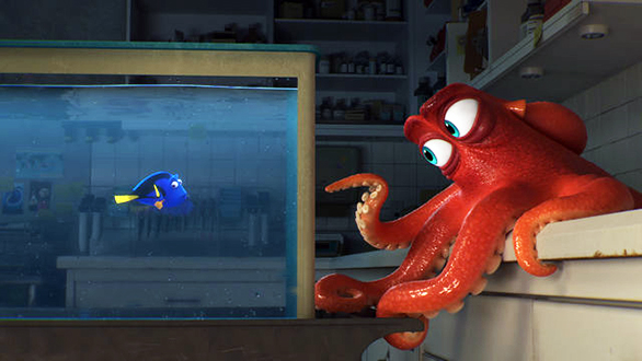 Scene from "Finding Dory," with a message that marine life in aquariums should be released.