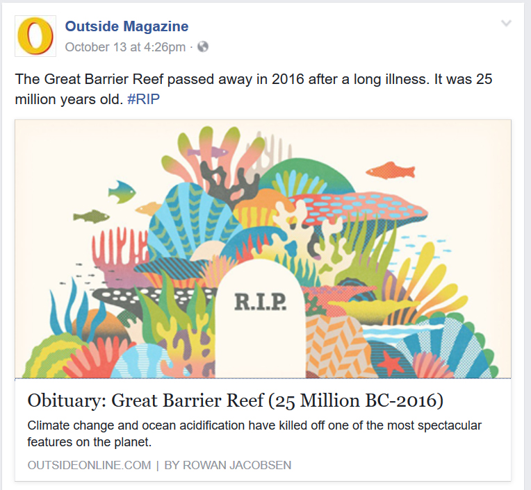 Outside Magazine's "obituary" for the Great Barrier Reef quickly went viral