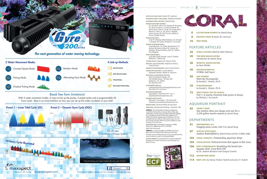 The Table of Contents for our May/June 2017 edition of CORAL Magazine, REEFSCAPE INSPIRATIONS