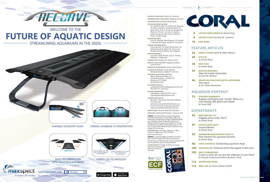 The Table of Contents for the September/October 2017 edition of CORAL Magazine, EYE EYE! You can view an online copy of the Table of Contents here.