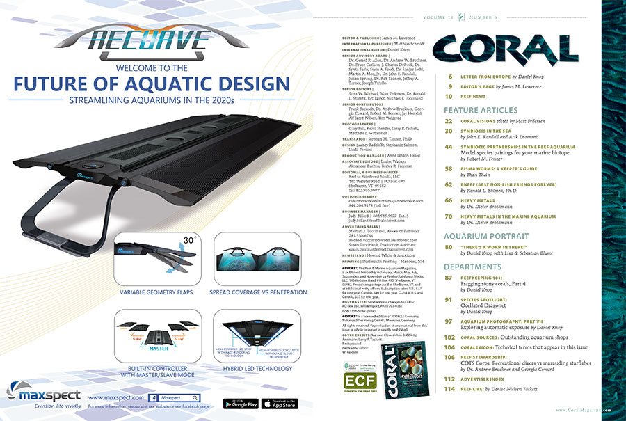 The Table of Contents for the November/December 2017 edition of CORAL Magazine, EYE EYE! You can view an online copy of the Table of Contents here.