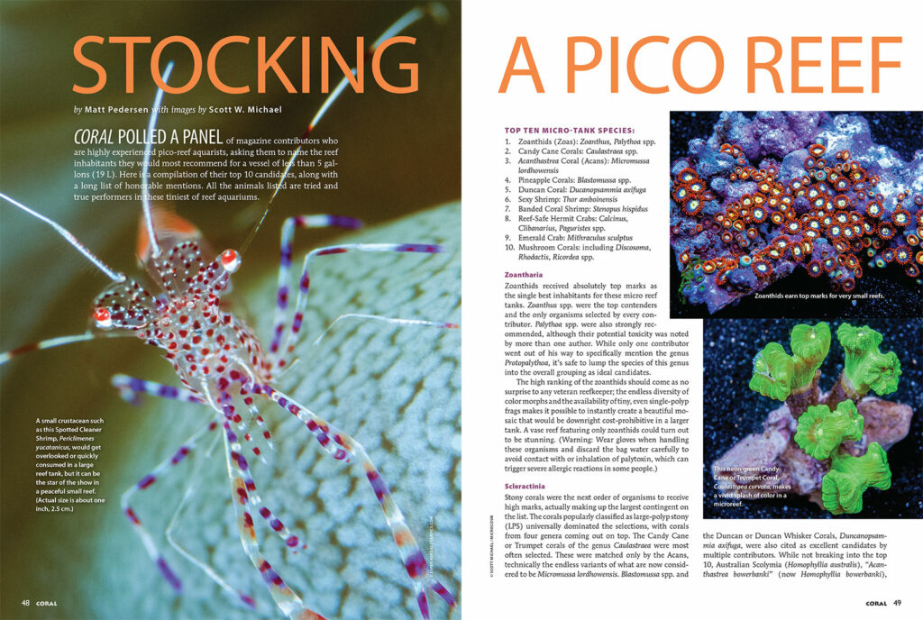The opening pages of Stocking a Pico Reef, from the January/Febuary 2018 issue of CORAL Magazine, MICRO REEFS! All images by Scott Michael.