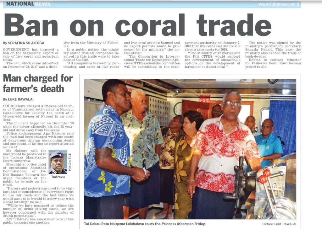 "Ban on coral trade" reads the Fiji Times headline from January 1st, 2018.