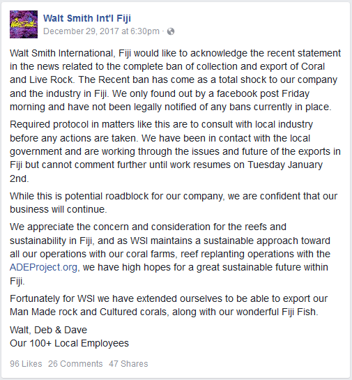 Walt Smith International, Fiji, initial public response on 12-29-17