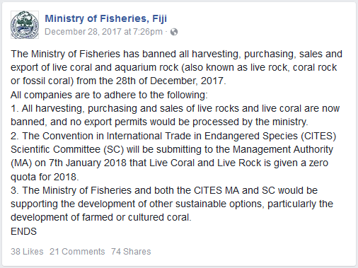 Fiji's Coral and Export Ban, announced via Facebook on December 28th, 2017.