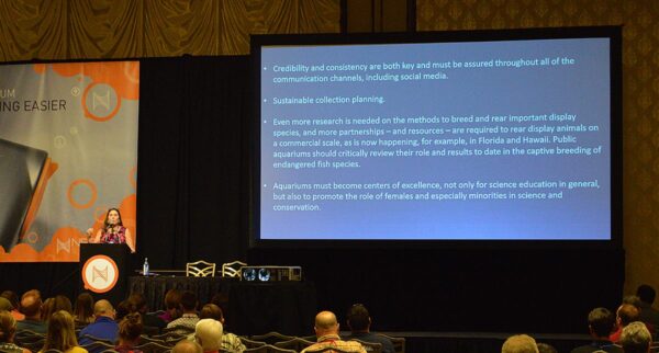 Paula Carlson, here speaking on some of the public aquarium communities institutional goals for change and improvement.