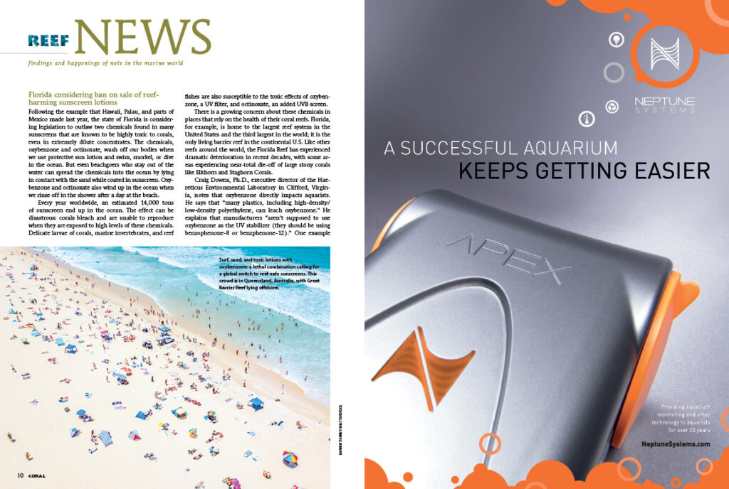 In this issue's Reef News: Bayley Freeman reports news that Florida is considering ban on sale of reef-harming sunscreen lotions; Jill Rodrigues from Roger Williams University shares promising results from research that could lead to the basis for a reliable cyanide test for the aquarium trade; Daniel Knop illuminates what happens when octopuses are given the illicit party drug ecstasy (MDMA), and explains how Butterflyfishes may be the "Canaries of the Reef".