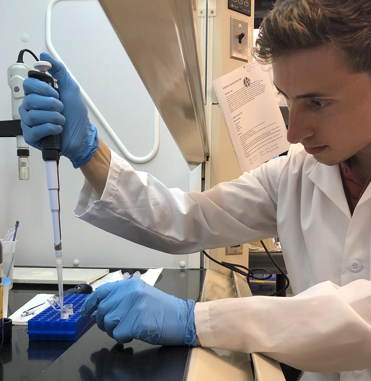 Alex Bonanno, Graduate Student Scholarship recipient, working on cyanide detection testing.