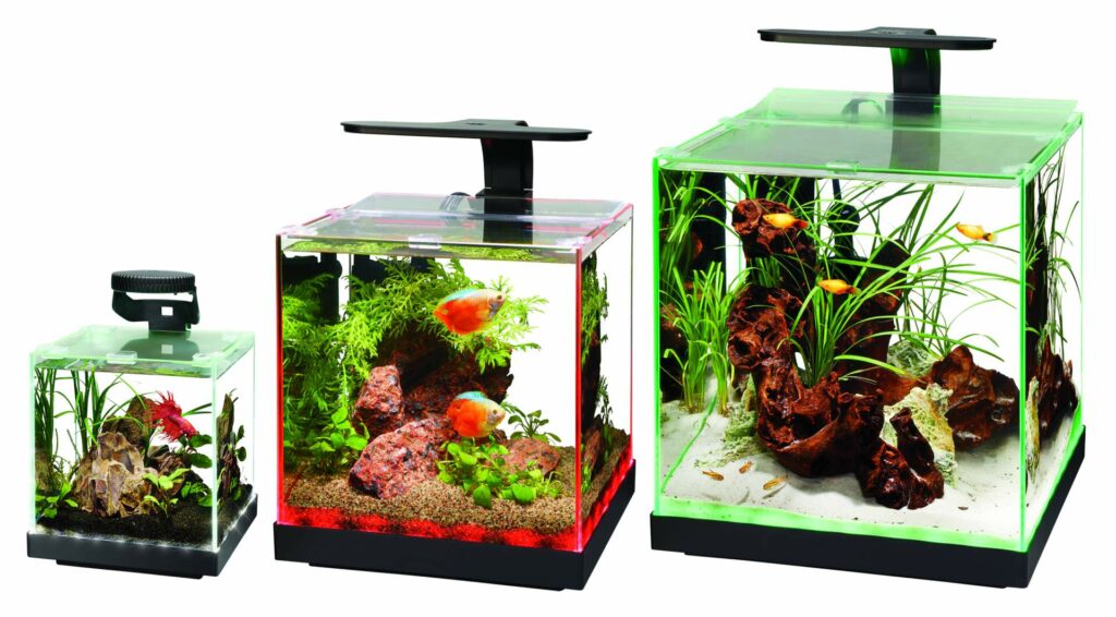 Aqueons' Edgelit rimless cube tank family includes the Edgelit 1, 3, and 6. Overhead lighting, heating, and filtration, are not included with these aquariums and should be purchased separately.