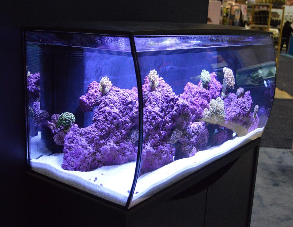 Fluval's FLEX line of aquariums was on prominent display; this larger version was set up as a saltwater aquarium.