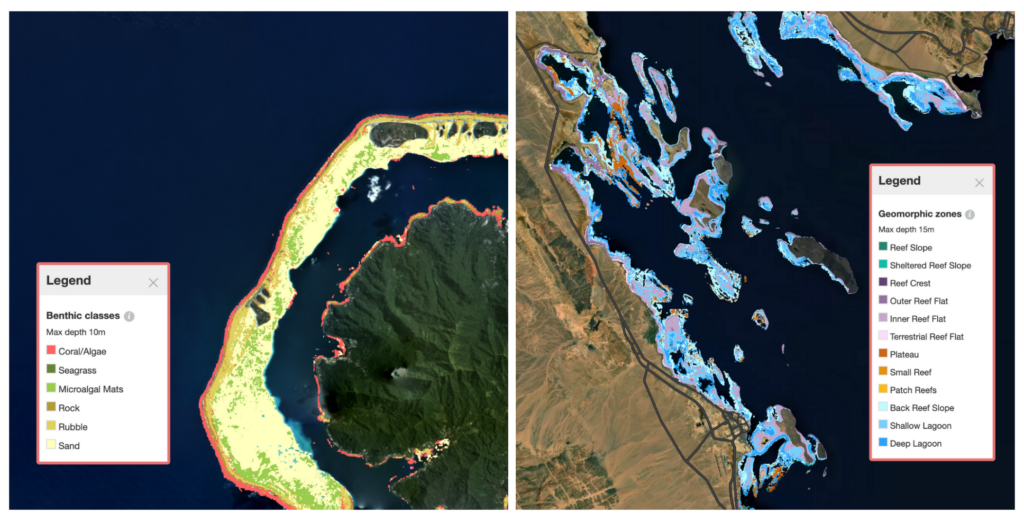 Allen Coral Atlas Habitat Maps (Left: Benthic Map of Central South Pacific, Right: Geomorphic Map of Red Sea)