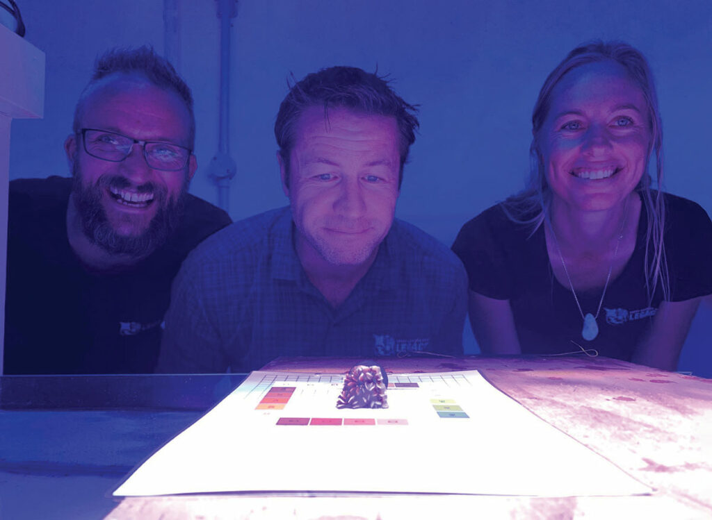 Left to right: Coral fragment mounted and scrutinized by Living Coral Biobank Chairman Paul Myers, Director Dr. Dean Miller, and Project volunteer Kate Godfrey.