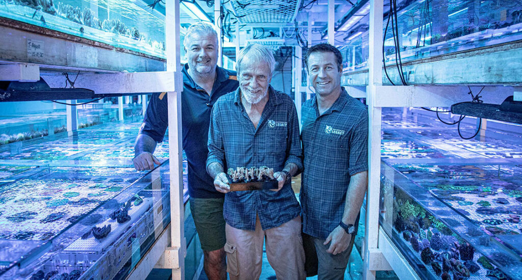Left to right: Project leaders Lyle Squire, Dr. Charlie Veron, and Dr. Dean Miller at Cairns Marine.
