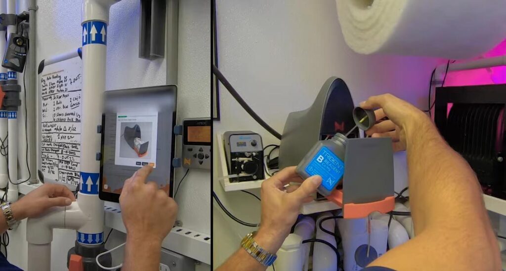 Giovany Cardo stresses the importance of a checklist to ensure nothing gets overlooked; a big reef aquarium means a big checklist! Routine maintenance is essential to warding off problems on any reef aquarium; shown here, the step-by-step process of replacing reagents in a Neptune System's Trident, which monitors alkalinity, calcium and magnesium levels.