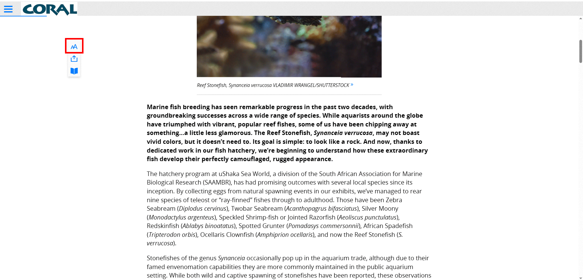 An animation showing the progression of font sizes in the CORAL Magazine digital edition when a reader toggles the font size option in the floating panel.